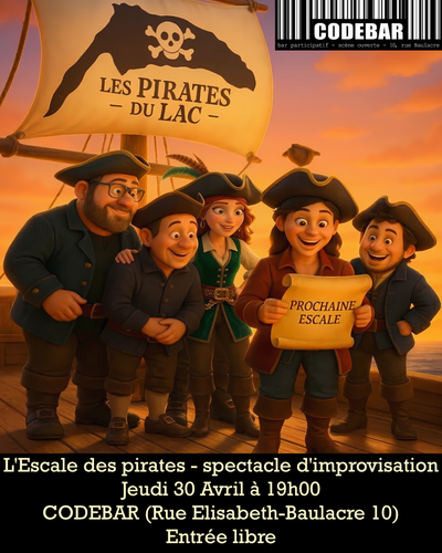 Affiche du spectacle d'improvisation « L'escale des pirates ». 

Au premier plan, cinq joyeux pirates en habits traditionnels (tricornes, vestes bleues, rouges et vertes) sont rassemblés sur le pont en bois de leur bateau. Le pirate central, au visage réjoui, tient et lit un vieux parchemin sur lequel est écrit : « PROCHAINE ESCALE ». Les autres pirates l'entourent, curieux et souriants.

À l'arrière-plan, sous un chaleureux coucher de soleil doré, la grande voile beige du navire arbore un grand logo de la troupe sur la voile.