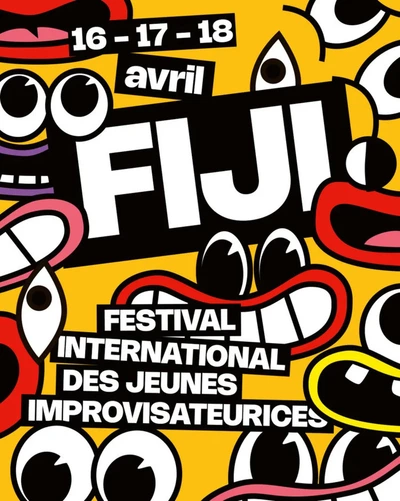 Cette affiche colorée sur fond jaune présente un style "cartoon" dynamique, rempli de visages stylisés aux bouches grandes ouvertes et aux yeux expressifs. Au centre, le nom FIJI s'affiche en grandes lettres blanches sur un bloc noir incliné.