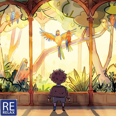 Illustration d'un enfant de dos devant une fenêtre donnant sur une forêt avec des perroquets dans les arbres.