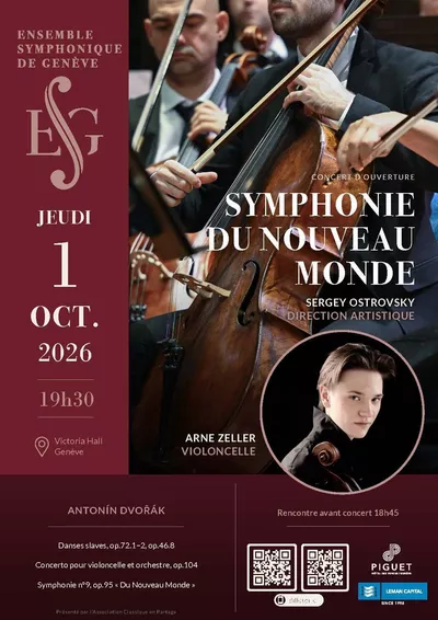 Affiche de concert: les pupitres des violoncelles de l’Ensemble Symphonique de Genève jouent avec passion, le jeune soliste de 19 ans Arne Zeller pose dans un encadré. Il est inscrit que le concert a lieu le 1er octobre à 19h30 au Victoria Hall, autour d’un programme dédié à Antonín Dvořák, notamment la «Symphonie du Nouveau Monde», les «Danses slaves» et le «Concerto pour violoncelle et orchestre» op. 104