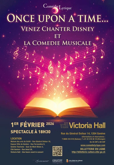 Affiche de la soirée de la Comédie Lyrique Romande montrant un livre ouvert dorée où des notes s'élèvent