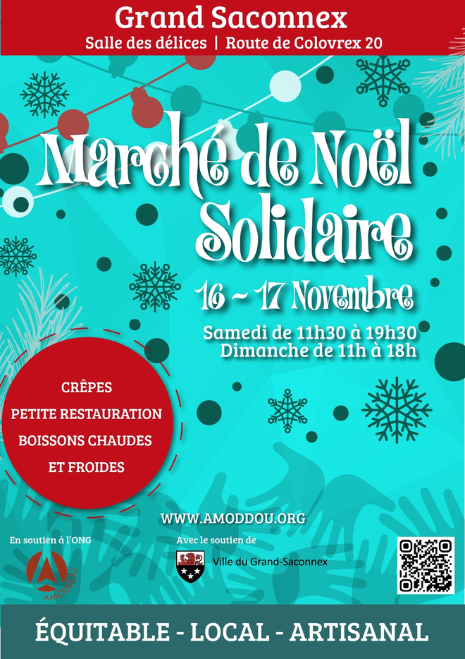 Marché de Noël Solidaire - 4e édition. Les 16 et 17 novembre à la Salle des Délices, Route de Colovrey 20 au Grand-Saconnex. Il y a une buvette sur place.