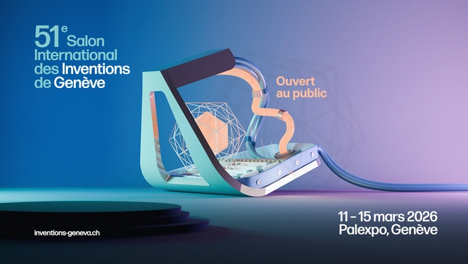 Affiche du 51e Salon International des Inventions de Genève avec une invention en 3D au centre
