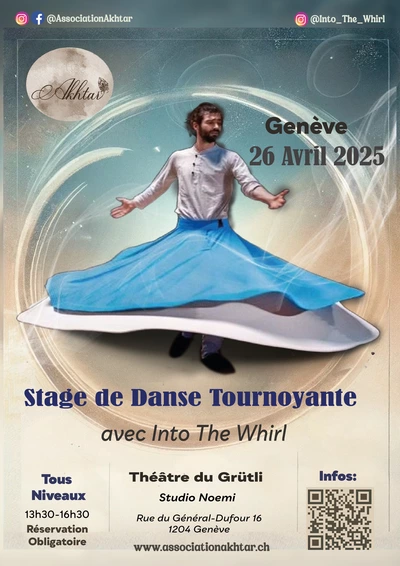 Affiche avec danseur derviche qui tourne qui annonce un stage le samedi 26 Avril à Genève