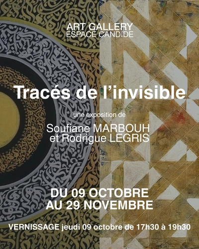 TRACÉ DE L'INVISIBLE SAVE THE DATE — Vernissage le jeudi 9 octobre de 17h30 à 19h30 🗓️
À cette occasion, l’artiste Soufiane Marbouh calligraphiera vos prénoms sur demande.
Tracés de l’invisible est une exposition de peintures mêlant calligraphie et abstraction.
Deux artistes, deux langages visuels, deux quêtes d’harmonie… une même exploration de la profondeur de l’âme humaine.
Entre souffle mystique et structure mathématique, ces œuvres vous invitent à voir l’invisible, ressentir l’unité, contempler la complexité.
Découvrez ce dialogue unique du 09 octobre au 29 novembre à la @artgallery.espacecandide
au 1ᵉʳ étage de l’Espace Candide (en face des escalators).