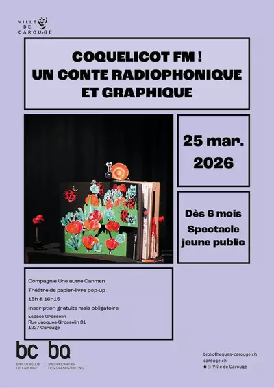 Un livre ouvert avec une image d'un jardin avec des fleurs rouges, des coccinelles qui volent autour et un petit escargot rouge qui se promène sur le livre.