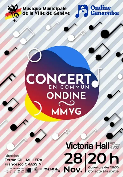 Ondine Genevoise et Musique Municipale de la Ville de Genève Affiche de la soirée contenant les informations du concert sur un fond de lignes diagonales colorées en rose et bleu pâle.