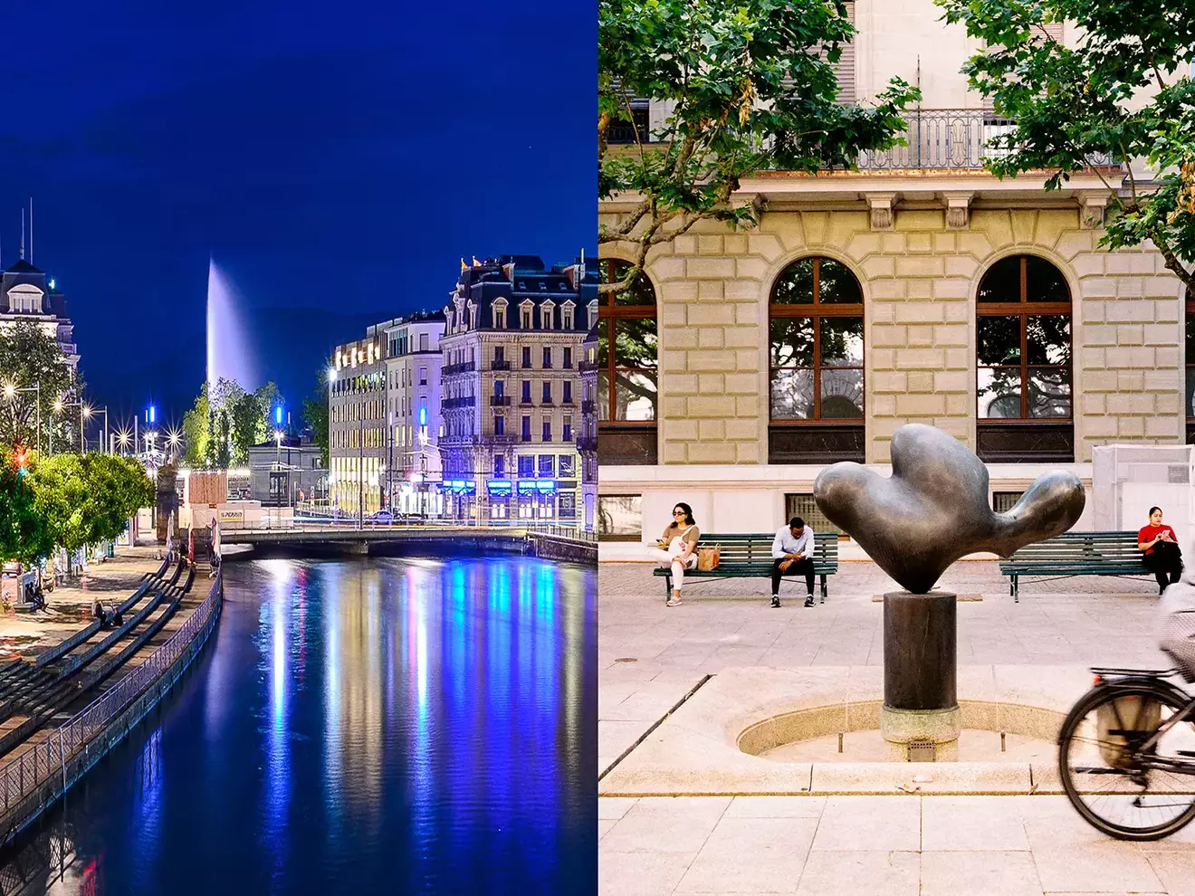 Vue partagée du Jet d’Eau illuminé de nuit et d’une sculpture publique dans le centre-ville de Genève.