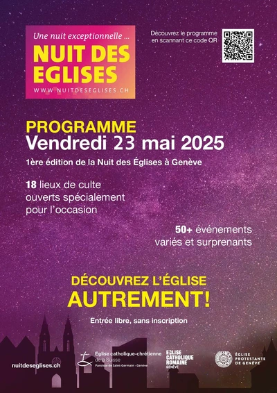 Nuit étoilée avec des bâtiments en fond, dont des églises et une cathédrale.