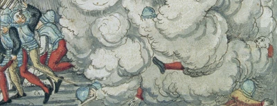 Soldats surpris par une avalanche dans le massif du Gothard (détail), lllustration de la Chronique confédérale de Werner Schodeler,
1572, Kantonsbibliothek, Aarau