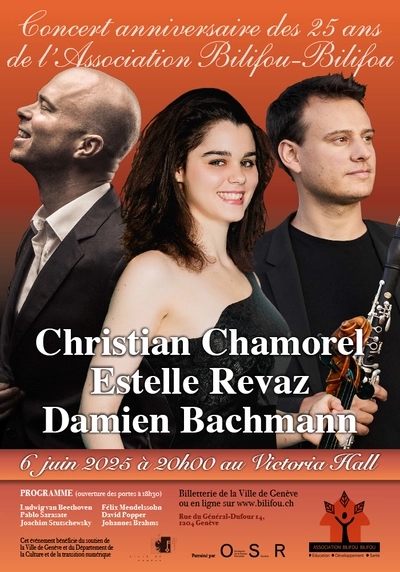 Photo Damien Bachmann, Estelle Revaz & Christian Chamorel, affiche de la soirée prévue au Victoria Hall, le 6 juin 2025 à 20h.