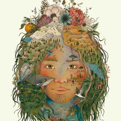 Une image en couleur constituée de deux illustrations superposées : un visage d'enfant et un paysage de nature luxuriante