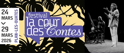 logo du festival La Cour des Contes et photo de Jihad Darwiche & Tom Diakité