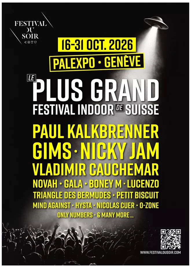 Affiche du Festival du Soir 2026 à Palexpo Genève, du 16 au 31 octobre, présentant les principaux artistes de la programmation sur fond noir et jaune.