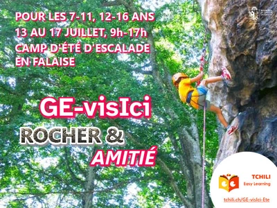 GE-visIci Rock Climbing Summer Camp in the Mountains for 7-11 and 12-16 year olds. Pick-up points in Lancy and Vernier. Un enfant descendant en rappel d'une falaise au milieu d'une forêt de hêtres.