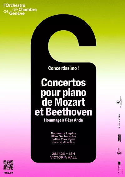 Concertissimo – Piano concertos by Beethoven and Mozart sur un fond bicolore rose à jaune, une petite pancarte mentionnant les informations de la soirée de concert pour le 28.11.2026.