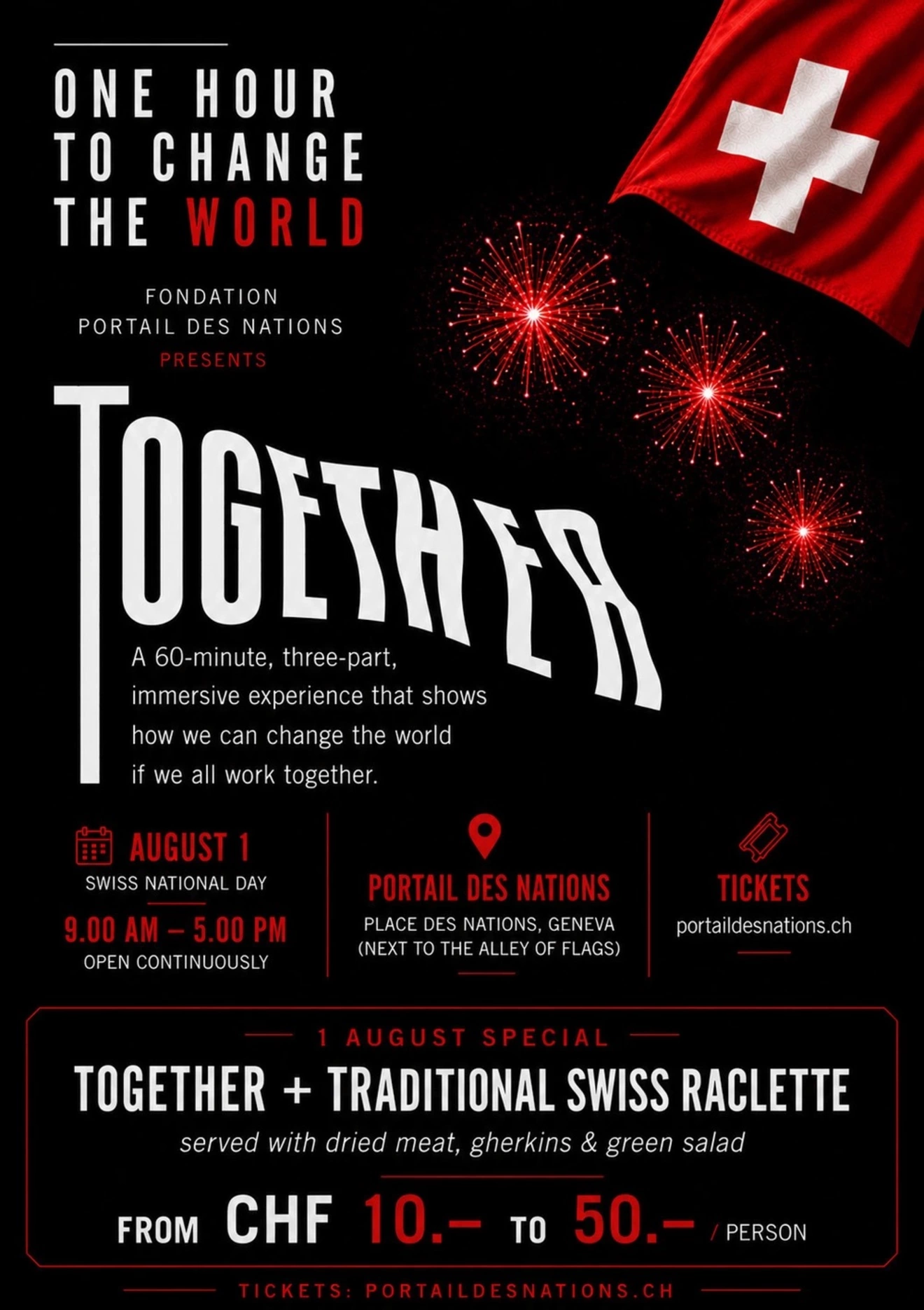 Together immersive experience poster for Swiss National Day, featuring a Swiss flag and red fireworks.
