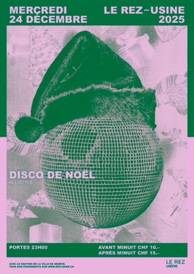 Christmas Disco Affiche en rose et vert de la disco de Noël, avec une boule disco coiffée d'un chapeau de Père Noël