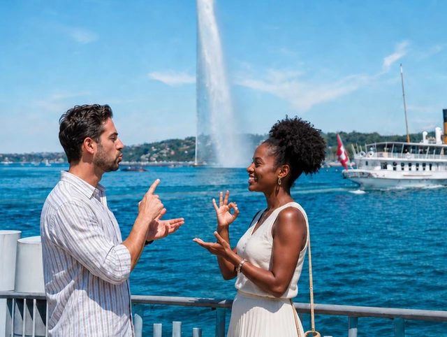 Two people communicating in sign language by Lake Geneva, with the Jet d’Eau in the background.