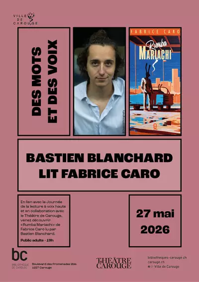 Bastien Blanchard reads Fabrice Caro Image de Bastien Blanchard et de la couverture du livre "Rumba Mariachi" de Fabrice Caro.