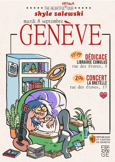Shyle Zalewski - The (presque) heartful tour - dédicaces, fanzines et concert Affiche dessinée par Shyle Zalewski - personne souriante dans un fauteuil avec des livres, une guitare et une pile de papiers et des plantes vertes