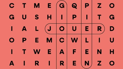 Visuel du biblioweekend : fond orange saumon avec des lettres pour former des mots-mêlés.