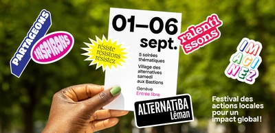 Banner mentionnant les dates du 1er au 6 septembre 2025 du Festival Alternatiba Léman "Festival des actions locales pour un impact global !"