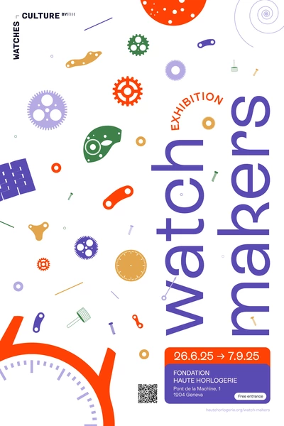 Affiche de l’exposition Watch Makers organisée par la Fondation de la Haute Horlogerie.

Au centre, une grande montre mécanique dessinée en coupe, révélant ses rouages complexes. Autour, des silhouettes d’artisans au travail : un graveur, un horloger, un sertisseur. Le fond est blanc avec les objets de couleur rouge, jaune et violette.

A droite, le titre en lettres capitales : WATCH MAKERS. 

En bas, les informations pratiques :

Lieu : Pont de la Machine, Genève

Dates : 26 juin au 7 septembre 2025

Horaires : du jeudi au dimanche

Organisé par : Fondation de la Haute Horlogerie