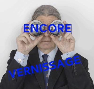 Opening of Encore(s) - a project by John M Armleder Portrait de John Armleder, tenant devant ses yeux, deux boules de pétanques argentées. Sur cette image figure le titre du projet " encore" et la mention "vernissage".