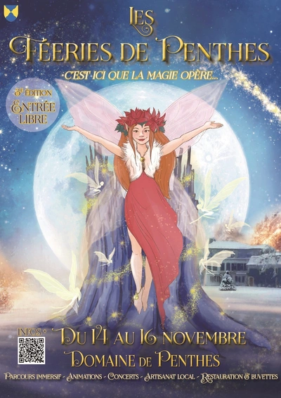 Féerie des Penthes L’affiche présente un univers féerique et hivernal, aux couleurs douces et scintillantes. Au centre, une grande fée flotte en lévitation devant une pleine lune lumineuse. Elle a de longs cheveux roux, porte une robe rouge fluide avec une bordure en fourrure blanche, et une couronne de feuilles rouges sur la tête. Ses ailes sont transparentes et lumineuses.