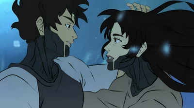 Image tirée du film de Tabarak Allah Abbas, Mawtini, 2024, représentant deux personnages dessinés de style manga, un homme la main dans les cheveux noirs de la femme.