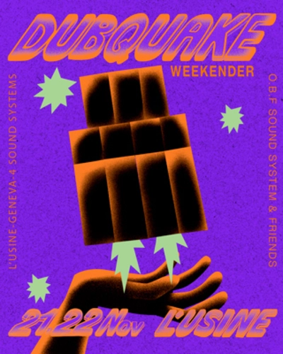 Affiche dubquake weekender 2025, texte orange sur fond violet avec le dessin d'une main sous une fusée constituée par un sound system.