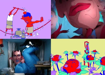 The dancing aesthetic of Raman Djafari Une illustration sur fond violet de deux hommes à la peau rouge