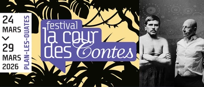 logo du festival La Cour des Contes et photo de Gérard Potier face à Narcisse Pelletier