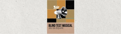 MUSICAL BLIND TEST | Mr HOBBS Une affiche dans les tons bruns avec un mégaphone au premier plan.