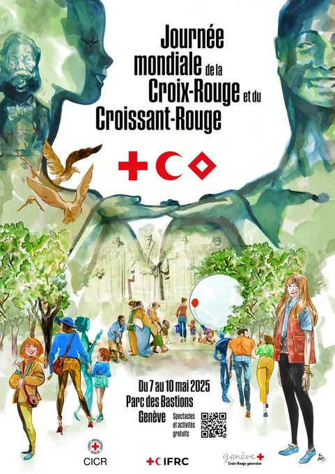 L'image colorée annonçant la Journée mondiale de la Croix-Rouge et du Croissant-Rouge, du 7 au 10 mai 2025 au Parc des Bastions à Genève.
On y voit des personnes de tous âges marchant dans un parc, entourées d’arbres, avec des bénévoles en gilet rouge. En arrière-plan, on aperçoit le Mur des Réformateurs.
Au-dessus, deux grands visages stylisés veillent sur la scène. Les symboles rouge de la Croix-Rouge, du Croissant-Rouge et du Cristal Rouge sont visibles au centre.
Texte en bas de l'affiche: "Spectacles et activités gratuits"
Avec les logos du CICR, de la Fédération internationale, et de la Croix-Rouge genevoise.