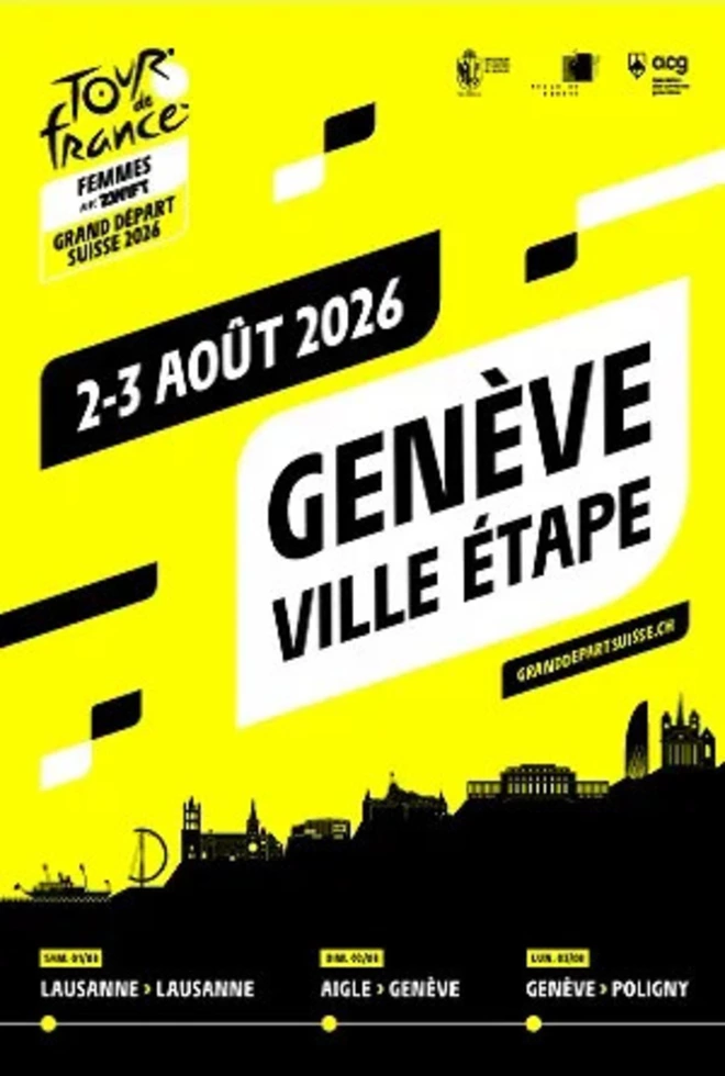 Affiche du Tour de France Femme avec la couleur symbolique du Tour le jaune, parcours des 3 villes étapes avec une image de leurs lieux iconiques.