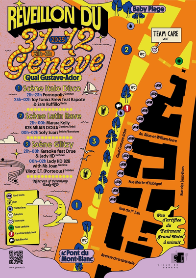 Visuel promotionnel très coloré présentant le plan et le programme du Réveillon du 31 décembre 2025 à Genève, qui se déroulera de 21h à 2h. Le plan montre la zone de l'événement autour du Quai Gustave-Ador.