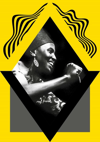 Affiche de l'exposition sans texte. Cadre jaune avec un losange. A l'intérieur du losange, une image en noir et blanc d'une artiste, Myriam Makeba.