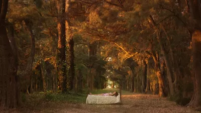 FILMAR 2026 Screening of Mailin Une femme est couchée sur un lit, au milieu d'une forêt.
