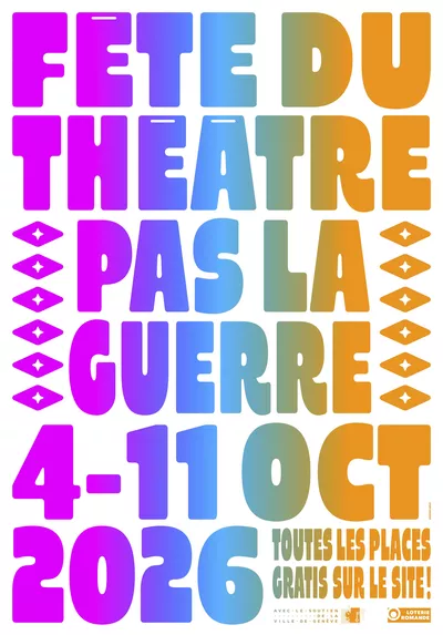 The Theater Festival un texte indique Fête du Théâtre pas la guerre. Les dates du festival sont indiquées, du 4 au 11 octobre 2026