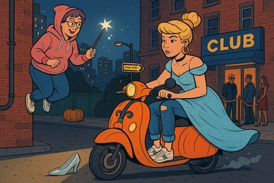 Remix Perrault cendrillon en baskets sur un scooter