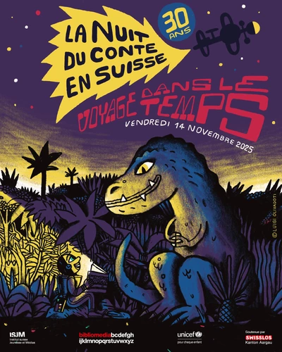 Affiche de la nuit du conte en Suisse avec le thème "Voyage dans le temps"