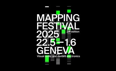 Sur un fond noir, l'affiche présente en son centre le nom du festival, les dates et le type d'événement. Sous le texte, on trouve des lignes horizontales blanches accompagnées de bandes vertes un peu plus larges.