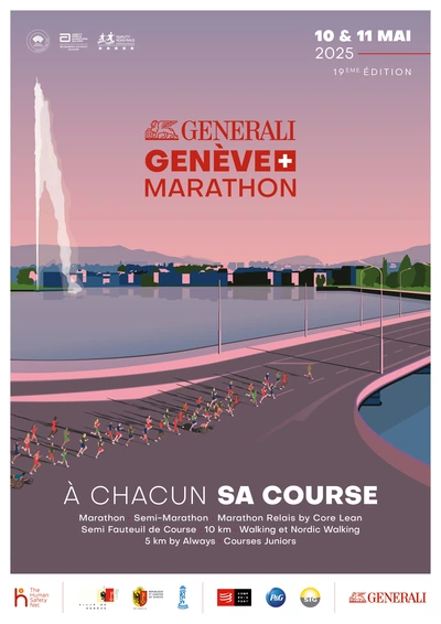 Des coureurs s'approchant du Pont du Mont-Blanc à Genève. L'image est dans un style graphique à dominance rouge.