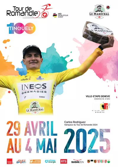 Affiche du Tour de Romandie 2025. On y voit le gagnant du Tour 2024.