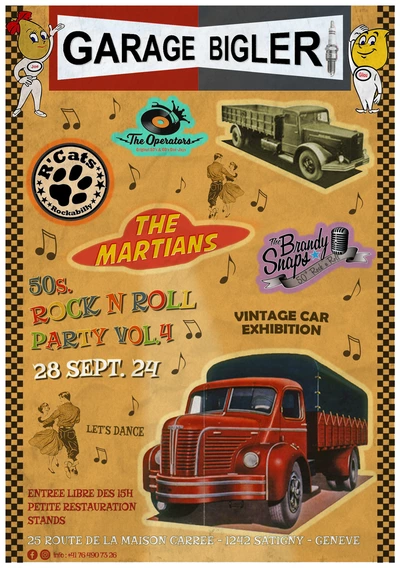 Les logos des trois groupes :The Martians, R'Cats, The Brandy Snaps. Un autre Logo celui des Dj Vinyles. deux camions pour signaler que l'évènement se trouve dans un garage poids lourds, un couple de danseur, car nous allons danser, des notes de musique et tout ceci sur un fond orangé