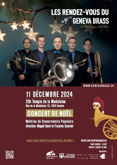 Sous une branche de sapin décorée avec des étoiles de Noël, le Geneva Brass présente son concert du 11 Décembre 2024 en compagnie de la Maîtrise du Conservatoire Populaire, dirigée par Magali Dami et Fruzsina Szuromi.