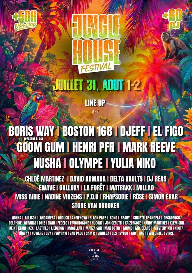 Colourful Jungle House Festival 2026 poster featuring tropical vegetation, a parrot and a monkey.