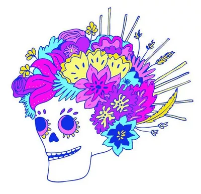 Le jeu de la mort qui tue : présentation par Sarah Joliat à la Bibliothèque de la Cité Dessin d'un crane humain avec des fleurs colorées